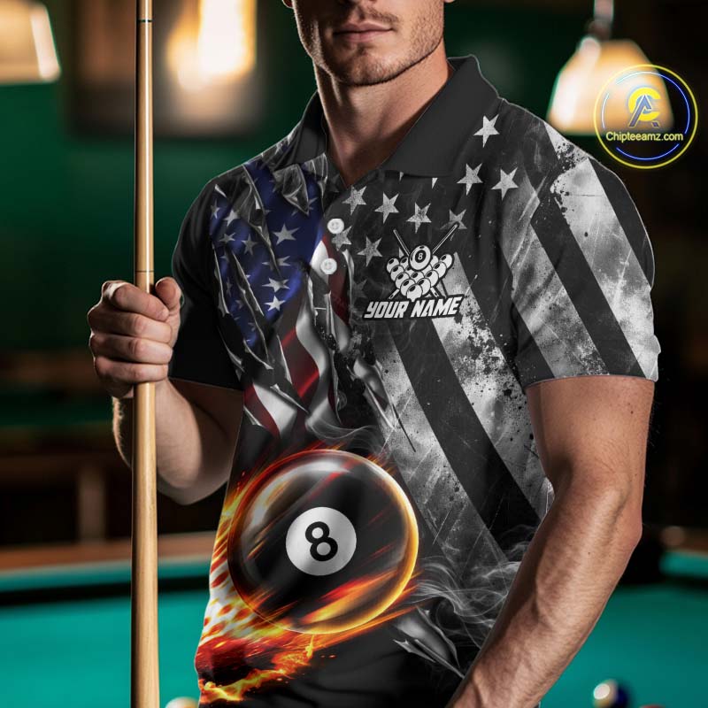 Custom 8 Ball Fire Pool Polo 1/4-Zip Shirt For Men Patriotic American Flag Pool Billiard Team Jersey NYN4969