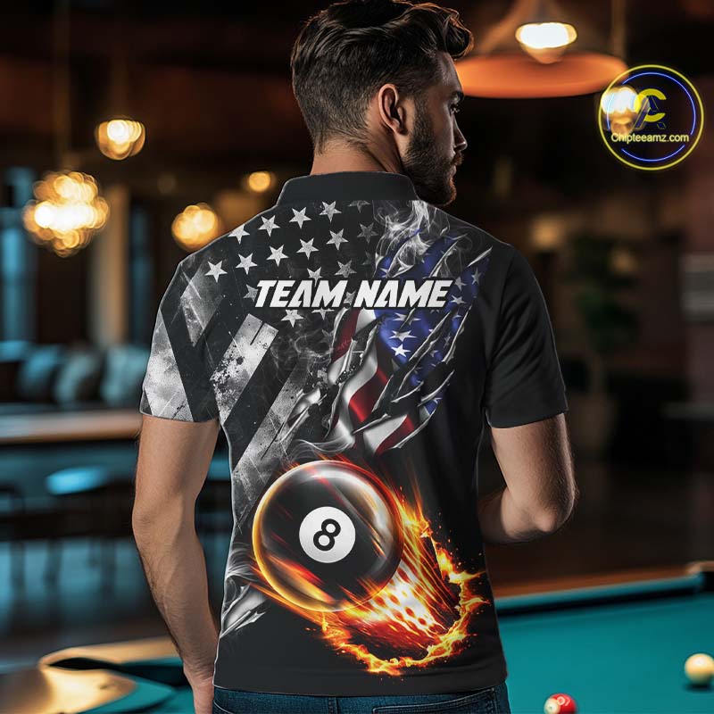 Custom 8 Ball Fire Pool Polo 1/4-Zip Shirt For Men Patriotic American Flag Pool Billiard Team Jersey NYN4969