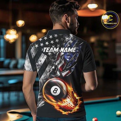 Custom 8 Ball Fire Pool Polo 1/4-Zip Shirt For Men Patriotic American Flag Pool Billiard Team Jersey NYN4969