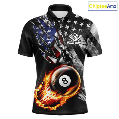 Custom 8 Ball Fire Pool Polo 1/4-Zip Shirt For Men Patriotic American Flag Pool Billiard Team Jersey NYN4969