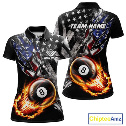Custom 8 Ball Fire Pool Polo 1/4-Zip Shirt For Women Patriotic American Flag Pool Billiard Team Jersey NYN4969