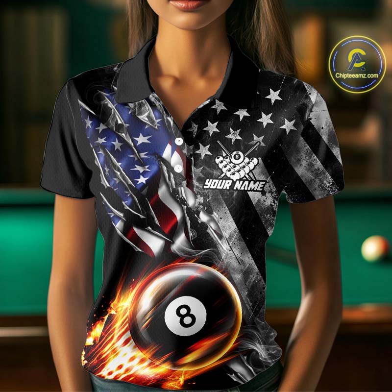 Custom 8 Ball Fire Pool Polo 1/4-Zip Shirt For Women Patriotic American Flag Pool Billiard Team Jersey NYN4969