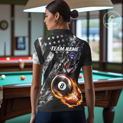 Custom 8 Ball Fire Pool Polo 1/4-Zip Shirt For Women Patriotic American Flag Pool Billiard Team Jersey NYN4969
