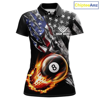 Custom 8 Ball Fire Pool Polo 1/4-Zip Shirt For Women Patriotic American Flag Pool Billiard Team Jersey NYN4969