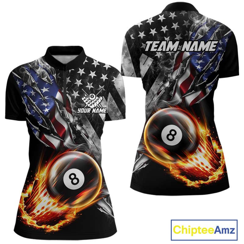 Custom 8 Ball Fire Pool Polo 1/4-Zip Shirt For Women Patriotic American Flag Pool Billiard Team Jersey NYN4969