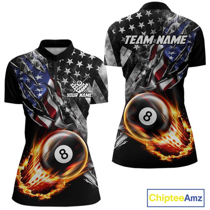 Custom 8 Ball Fire Pool Polo 1/4-Zip Shirt For Women Patriotic American Flag Pool Billiard Team Jersey NYN4969