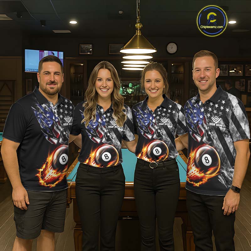 Custom 8 Ball Fire Pool Polo 1/4-Zip Shirt For Women Patriotic American Flag Pool Billiard Team Jersey NYN4969