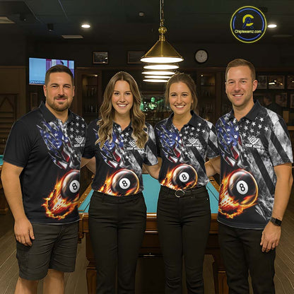 Custom 8 Ball Fire Pool Polo 1/4-Zip Shirt For Women Patriotic American Flag Pool Billiard Team Jersey NYN4969