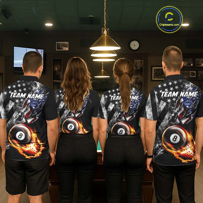 Custom 8 Ball Fire Pool Polo 1/4-Zip Shirt For Women Patriotic American Flag Pool Billiard Team Jersey NYN4969
