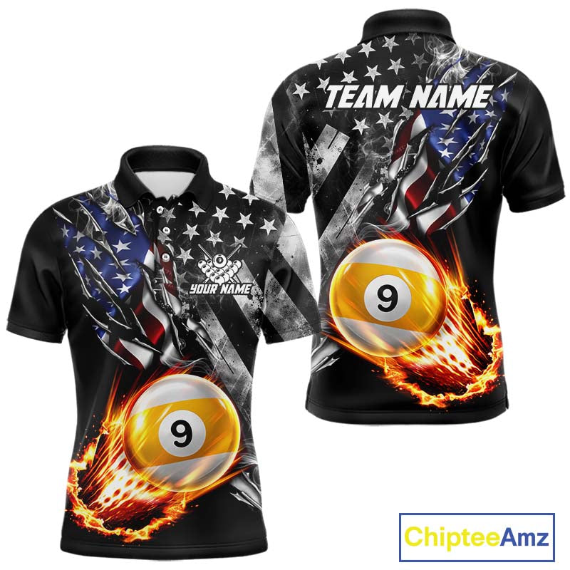 Custom 9 Ball Fire Pool Polo 1/4-Zip Shirt For Men Patriotic American Flag Pool Billiard Team Jersey NYN4970
