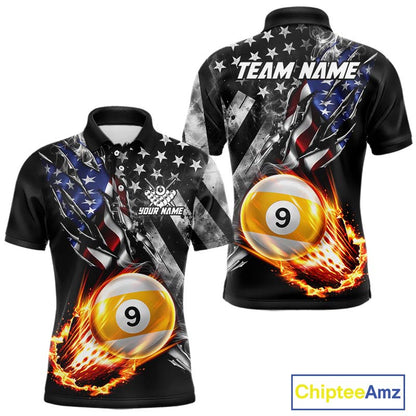 Custom 9 Ball Fire Pool Polo 1/4-Zip Shirt For Men Patriotic American Flag Pool Billiard Team Jersey NYN4970