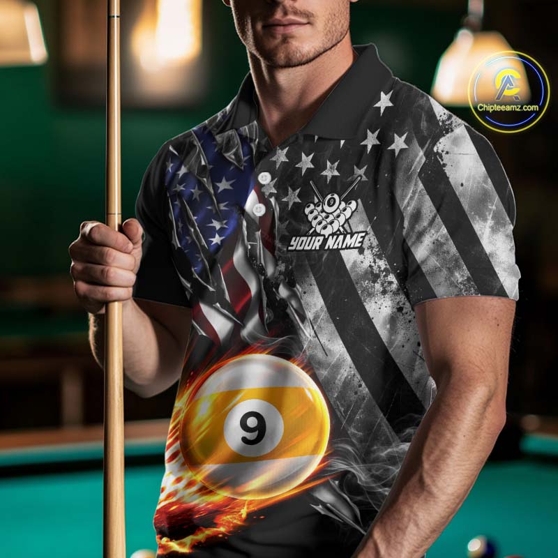 Custom 9 Ball Fire Pool Polo 1/4-Zip Shirt For Men Patriotic American Flag Pool Billiard Team Jersey NYN4970