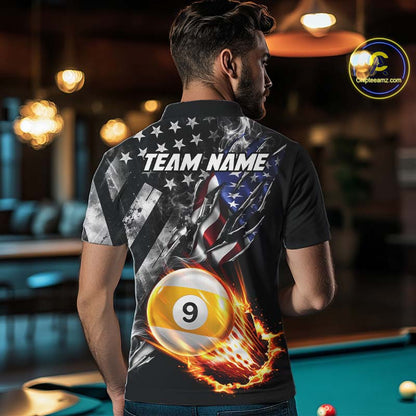 Custom 9 Ball Fire Pool Polo 1/4-Zip Shirt For Men Patriotic American Flag Pool Billiard Team Jersey NYN4970