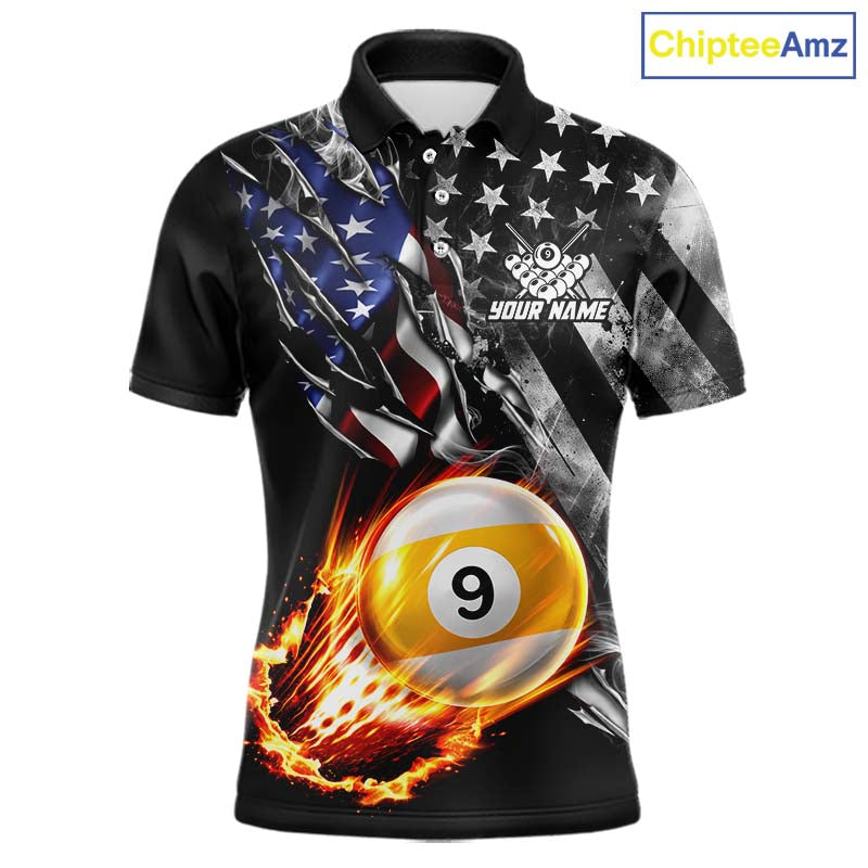 Custom 9 Ball Fire Pool Polo 1/4-Zip Shirt For Men Patriotic American Flag Pool Billiard Team Jersey NYN4970