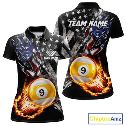 Custom 9 Ball Fire Pool Polo 1/4-Zip Shirt For Women Patriotic American Flag Pool Billiard Team Jersey NYN4970