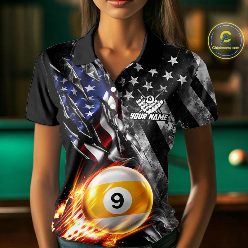 Custom 9 Ball Fire Pool Polo 1/4-Zip Shirt For Women Patriotic American Flag Pool Billiard Team Jersey NYN4970