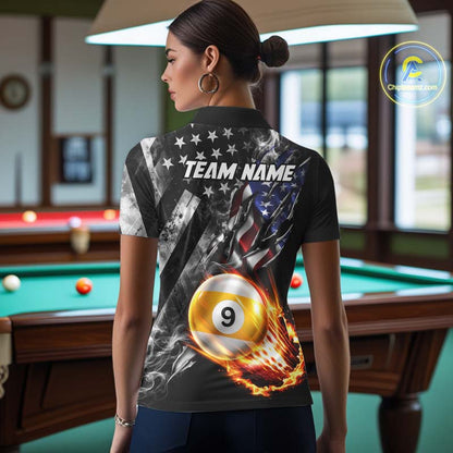 Custom 9 Ball Fire Pool Polo 1/4-Zip Shirt For Women Patriotic American Flag Pool Billiard Team Jersey NYN4970
