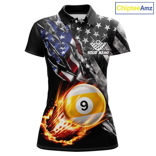 Custom 9 Ball Fire Pool Polo 1/4-Zip Shirt For Women Patriotic American Flag Pool Billiard Team Jersey NYN4970