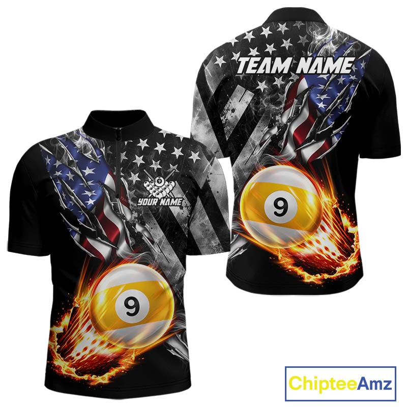 Custom 9 Ball Fire Pool Polo 1/4-Zip Shirt For Men Patriotic American Flag Pool Billiard Team Jersey NYN4970