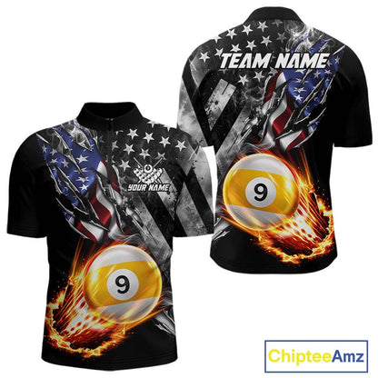 Custom 9 Ball Fire Pool Polo 1/4-Zip Shirt For Men Patriotic American Flag Pool Billiard Team Jersey NYN4970