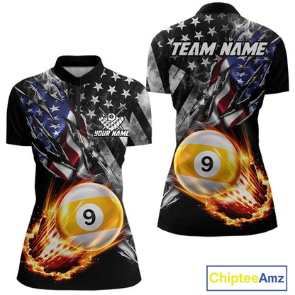 Custom 9 Ball Fire Pool Polo 1/4-Zip Shirt For Women Patriotic American Flag Pool Billiard Team Jersey NYN4970