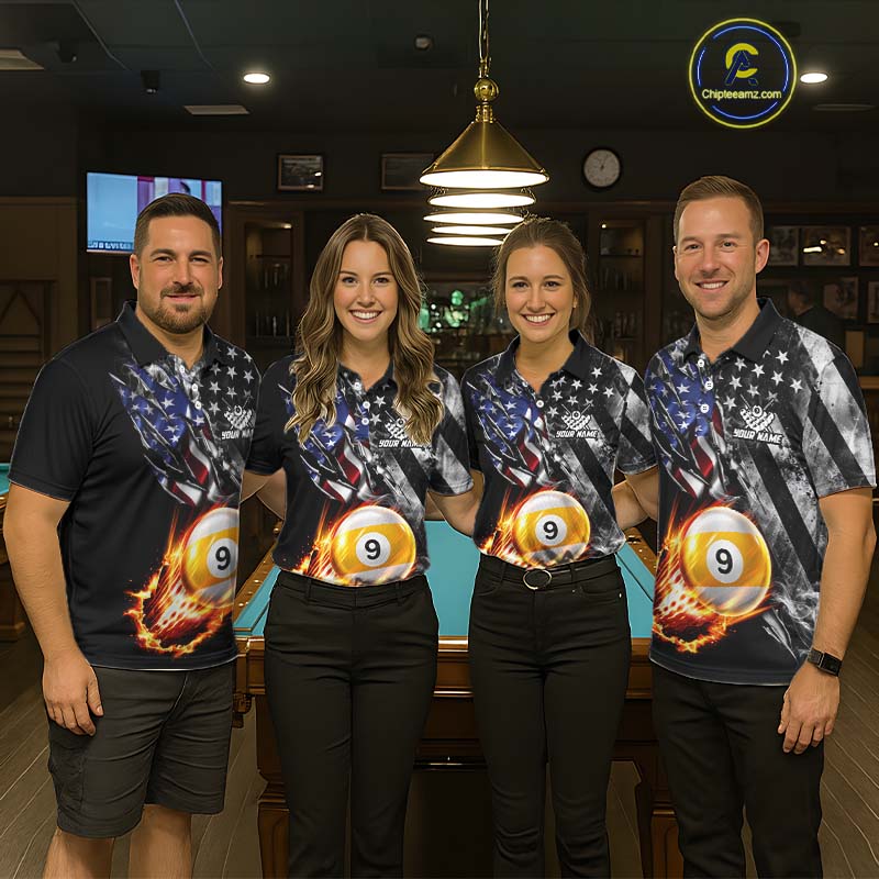 Custom 9 Ball Fire Pool Polo 1/4-Zip Shirt For Women Patriotic American Flag Pool Billiard Team Jersey NYN4970
