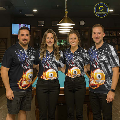 Custom 9 Ball Fire Pool Polo 1/4-Zip Shirt For Women Patriotic American Flag Pool Billiard Team Jersey NYN4970