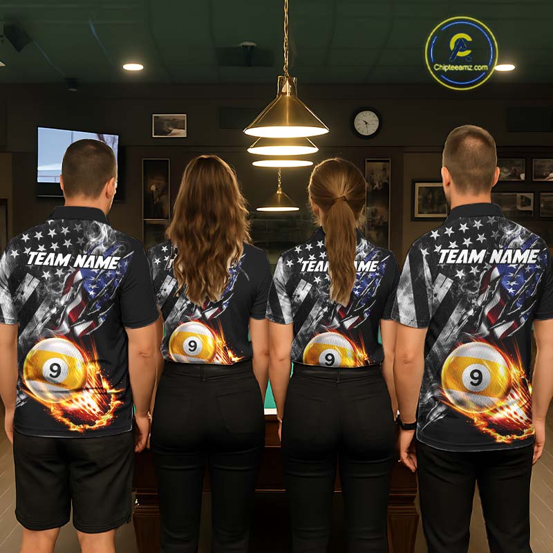 Custom 9 Ball Fire Pool Polo 1/4-Zip Shirt For Women Patriotic American Flag Pool Billiard Team Jersey NYN4970
