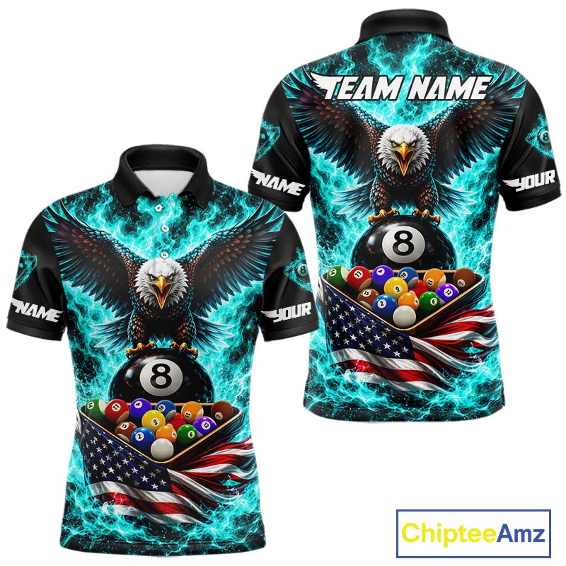 Teal Fire Flame Eagle US Flag Pool Ball 3D Billiard Shirt For Men Personalized 8 Ball Billiard Attire NYN4978