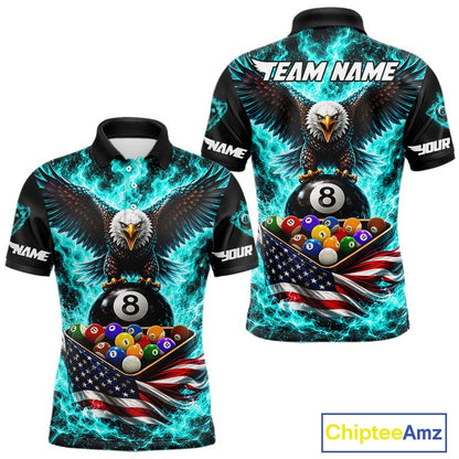 Teal Fire Flame Eagle US Flag Pool Ball 3D Billiard Shirt For Men Personalized 8 Ball Billiard Attire NYN4978