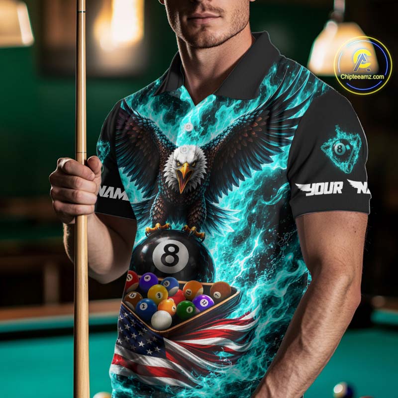 Teal Fire Flame Eagle US Flag Pool Ball 3D Billiard Shirt For Men Personalized 8 Ball Billiard Attire NYN4978
