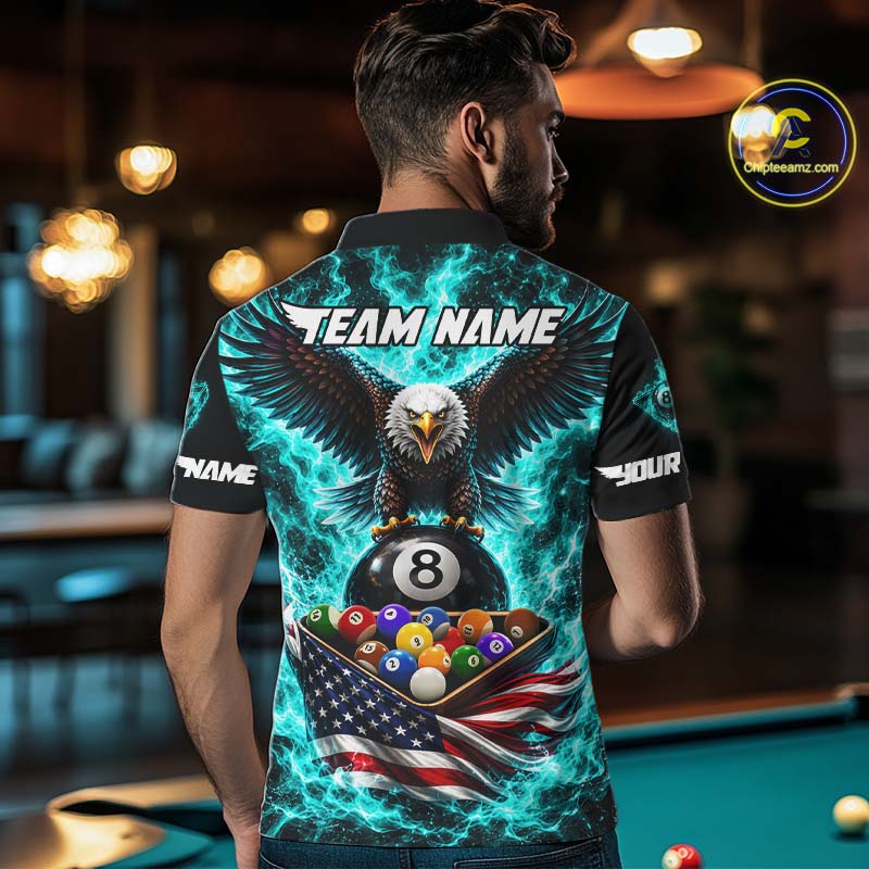 Teal Fire Flame Eagle US Flag Pool Ball 3D Billiard Shirt For Men Personalized 8 Ball Billiard Attire NYN4978