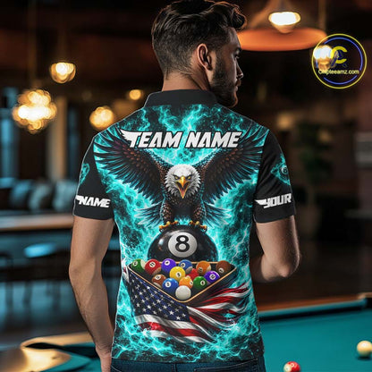 Teal Fire Flame Eagle US Flag Pool Ball 3D Billiard Shirt For Men Personalized 8 Ball Billiard Attire NYN4978