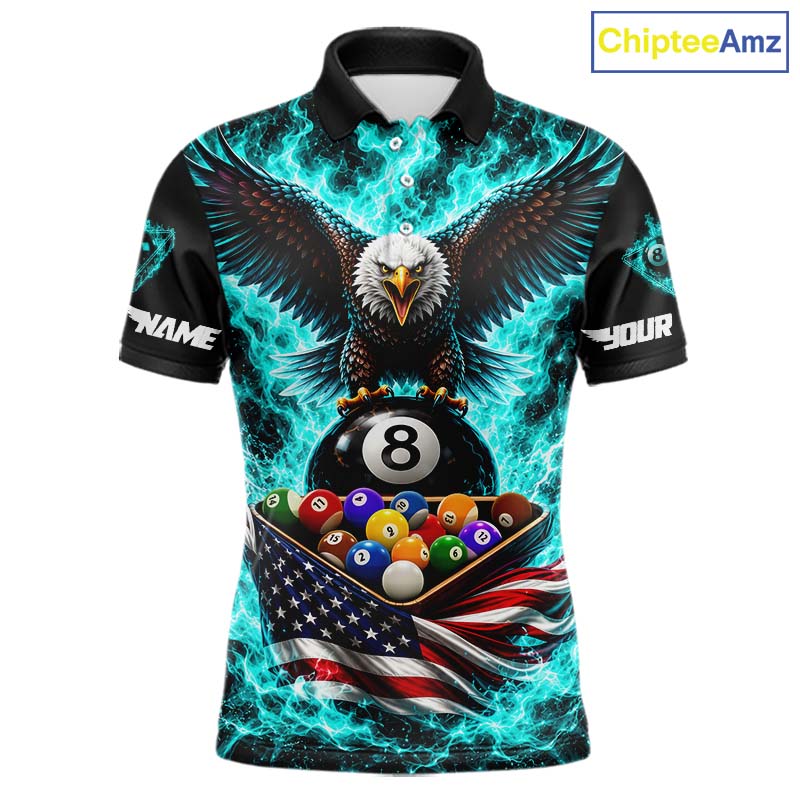 Teal Fire Flame Eagle US Flag Pool Ball 3D Billiard Shirt For Men Personalized 8 Ball Billiard Attire NYN4978