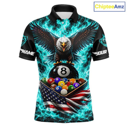 Teal Fire Flame Eagle US Flag Pool Ball 3D Billiard Shirt For Men Personalized 8 Ball Billiard Attire NYN4978