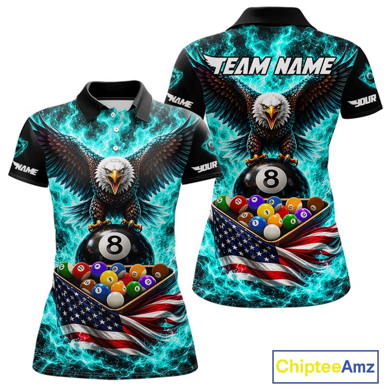 Teal Fire Flame Eagle US Flag Pool Ball 3D Billiard Shirt For Women Personalized 8 Ball Billiard Attire NYN4978