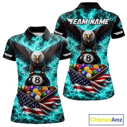 Teal Fire Flame Eagle US Flag Pool Ball 3D Billiard Shirt For Women Personalized 8 Ball Billiard Attire NYN4978