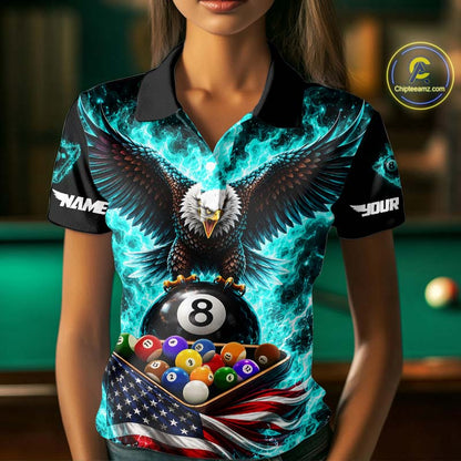Teal Fire Flame Eagle US Flag Pool Ball 3D Billiard Shirt For Women Personalized 8 Ball Billiard Attire NYN4978