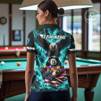 Teal Fire Flame Eagle US Flag Pool Ball 3D Billiard Shirt For Women Personalized 8 Ball Billiard Attire NYN4978