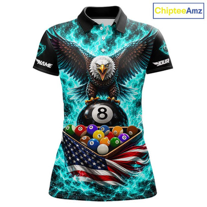 Teal Fire Flame Eagle US Flag Pool Ball 3D Billiard Shirt For Women Personalized 8 Ball Billiard Attire NYN4978