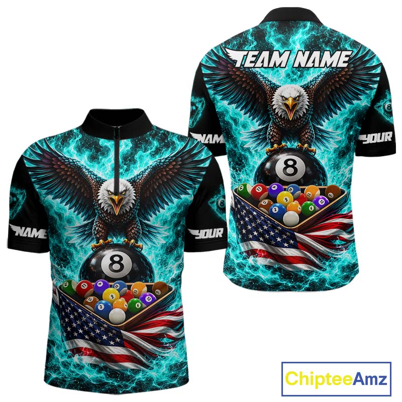 Teal Fire Flame Eagle US Flag Pool Ball 3D Billiard Shirt For Men Personalized 8 Ball Billiard Attire NYN4978