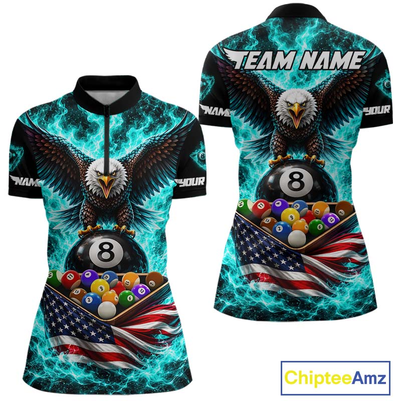 Teal Fire Flame Eagle US Flag Pool Ball 3D Billiard Shirt For Women Personalized 8 Ball Billiard Attire NYN4978