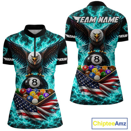 Teal Fire Flame Eagle US Flag Pool Ball 3D Billiard Shirt For Women Personalized 8 Ball Billiard Attire NYN4978