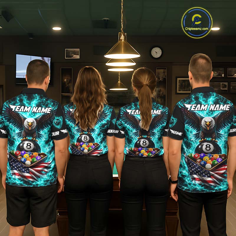 Teal Fire Flame Eagle US Flag Pool Ball 3D Billiard Shirt For Men Personalized 8 Ball Billiard Attire NYN4978