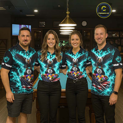 Teal Fire Flame Eagle US Flag Pool Ball 3D Billiard Shirt For Men Personalized 8 Ball Billiard Attire NYN4978