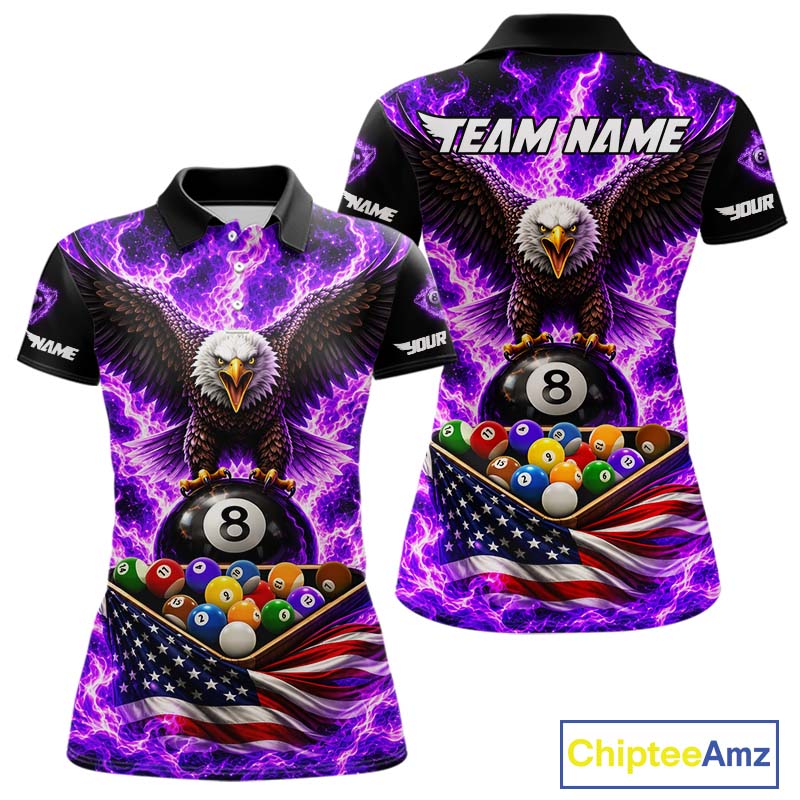 Purple Fire Flame Eagle US Flag Pool Ball 3D Billiard Shirt For Women Personalized 8 Ball Billiard Attire NYN4979