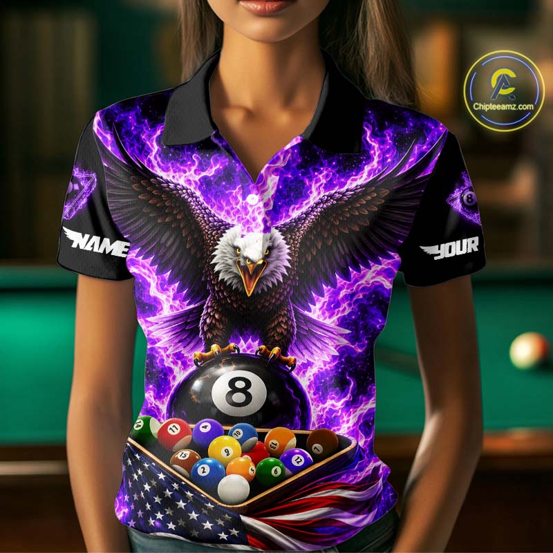 Purple Fire Flame Eagle US Flag Pool Ball 3D Billiard Shirt For Women Personalized 8 Ball Billiard Attire NYN4979