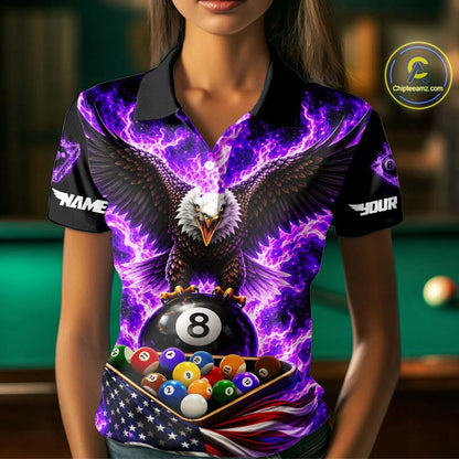 Purple Fire Flame Eagle US Flag Pool Ball 3D Billiard Shirt For Women Personalized 8 Ball Billiard Attire NYN4979
