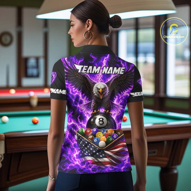 Purple Fire Flame Eagle US Flag Pool Ball 3D Billiard Shirt For Women Personalized 8 Ball Billiard Attire NYN4979
