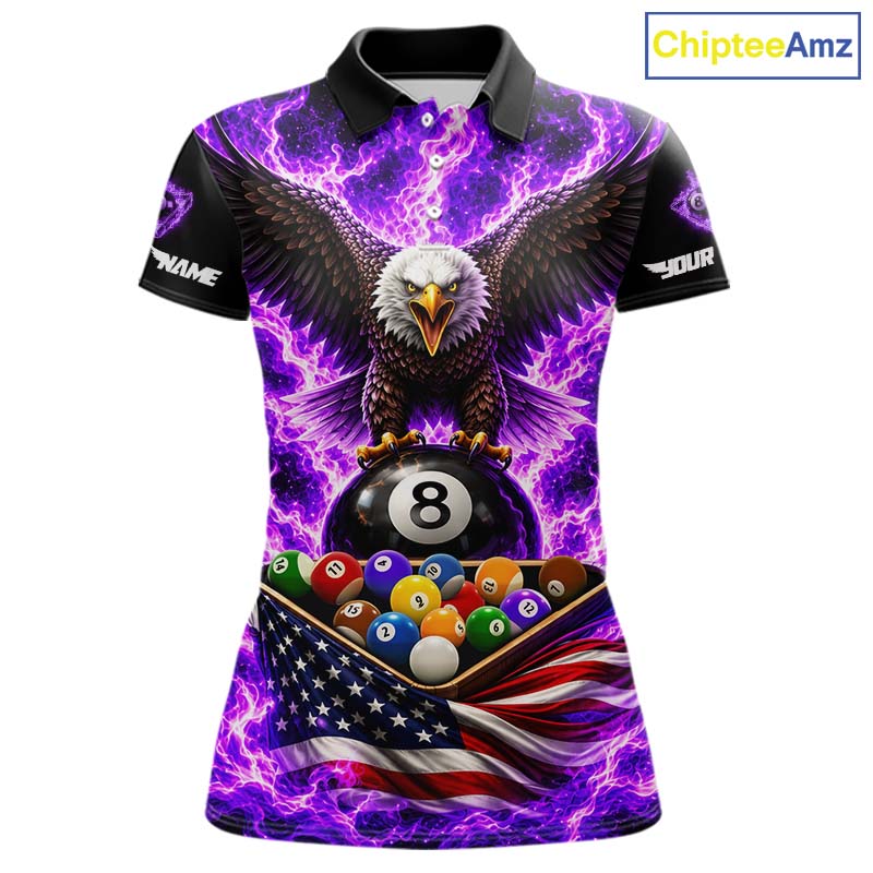 Purple Fire Flame Eagle US Flag Pool Ball 3D Billiard Shirt For Women Personalized 8 Ball Billiard Attire NYN4979